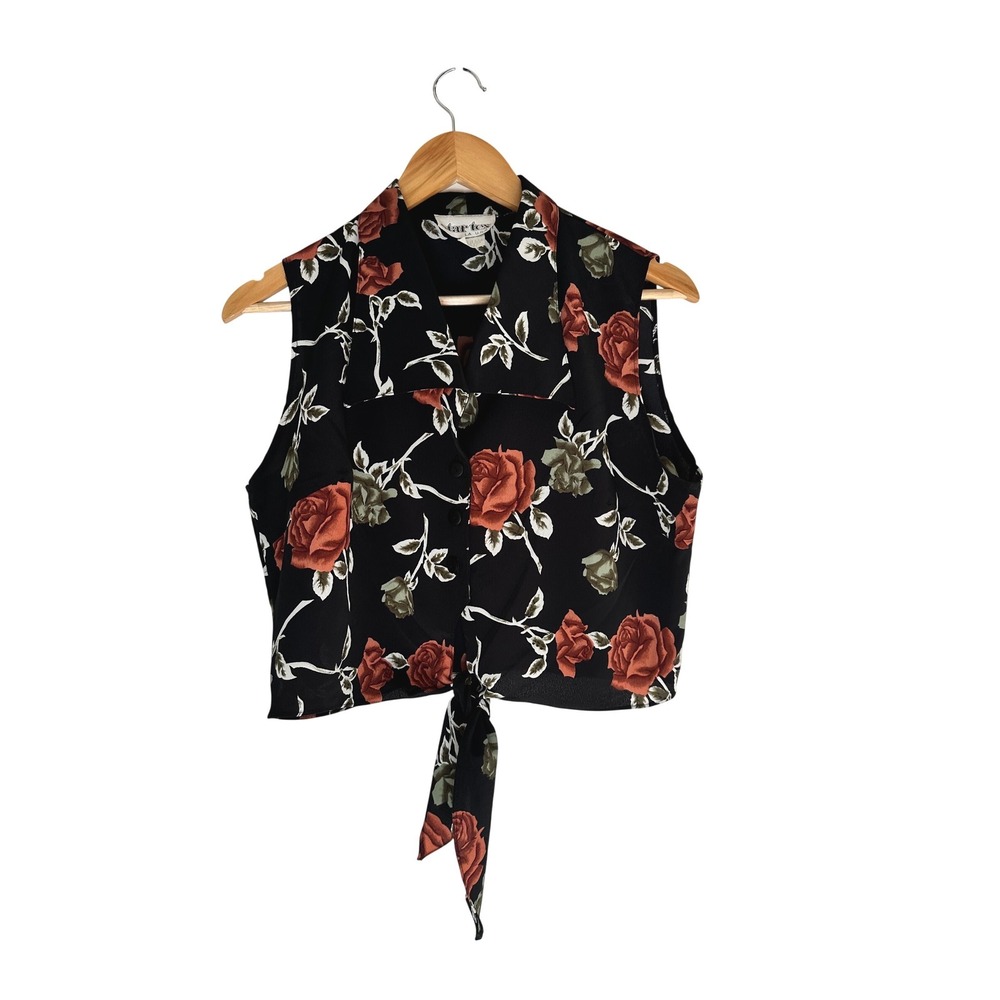 Star Tex LA USA Vintage 90s Rose Floral Sleeveless Tie Front Crop Top Large